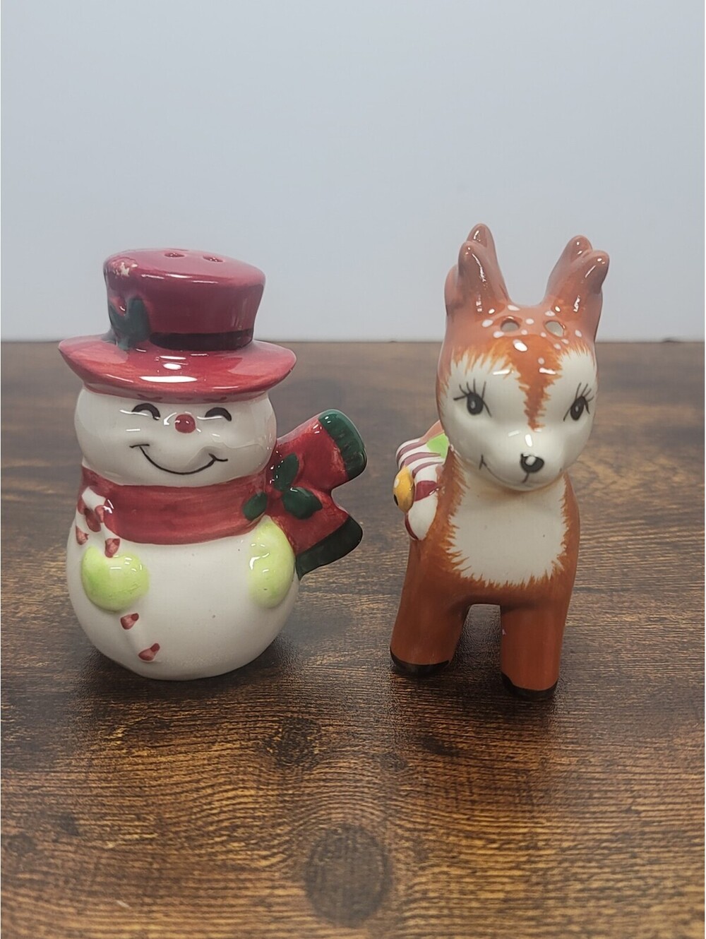 Vintage Christmas Snowman Reindeer Salt Pepper Shakers Ceramic Holiday Set